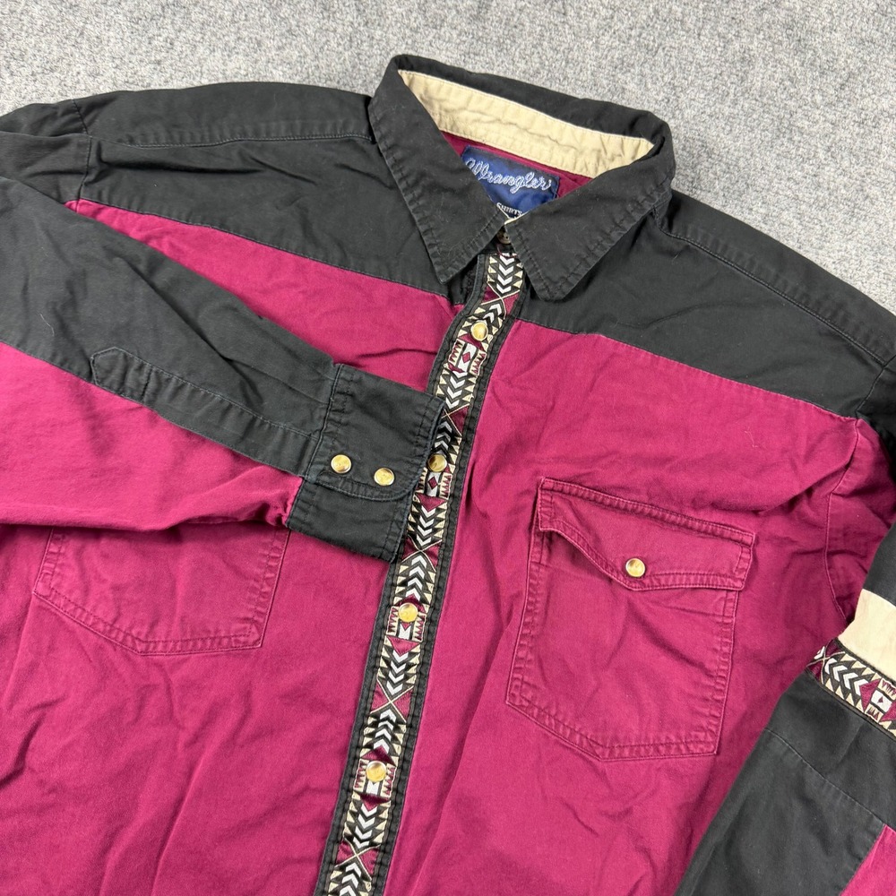 Wrangler Western Shirt Mens XL Burgundy Black Aztec‎ Pearl Snap Colorblock